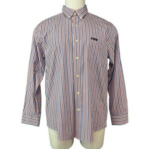 Chaps Shirt Men’s Large Easy Care Orange Blue Stripe Long Sleeve (204)